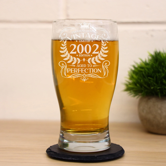 Vintage 2002 Engraved Beer Pint Glass - 20Th Birthday Aged To Perfection 20 Year Old Gifts Cider Lager Tulip & Coaster Set