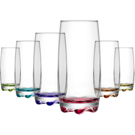 6x Highball Cocktail Glasses. Coloured Base Glass Set. (390 ml)