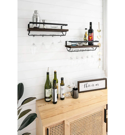 Olveston 5 Bottle Wall Mounted Wine Bottle & Glass Rack in Brown