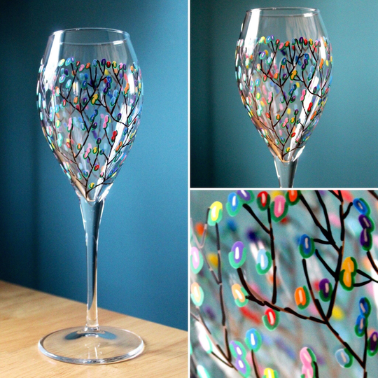 Rainbow Blossom Personalised Wine Glass, Hand Painted, Flower Design, Gift For Her, Birthday Gift, Under 20