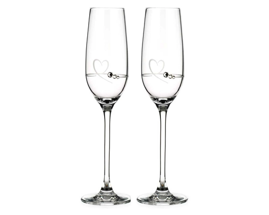 Petit Valentine Heart Flute Pairs Etched Design Embellished With Swarovski Crystals - Perfect Gift