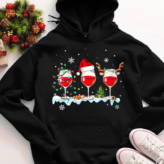 Christmas Party Hoodie, Gift, Womens Three Wine Glasses Santa Hat Funny Lover Xmas Hoodies