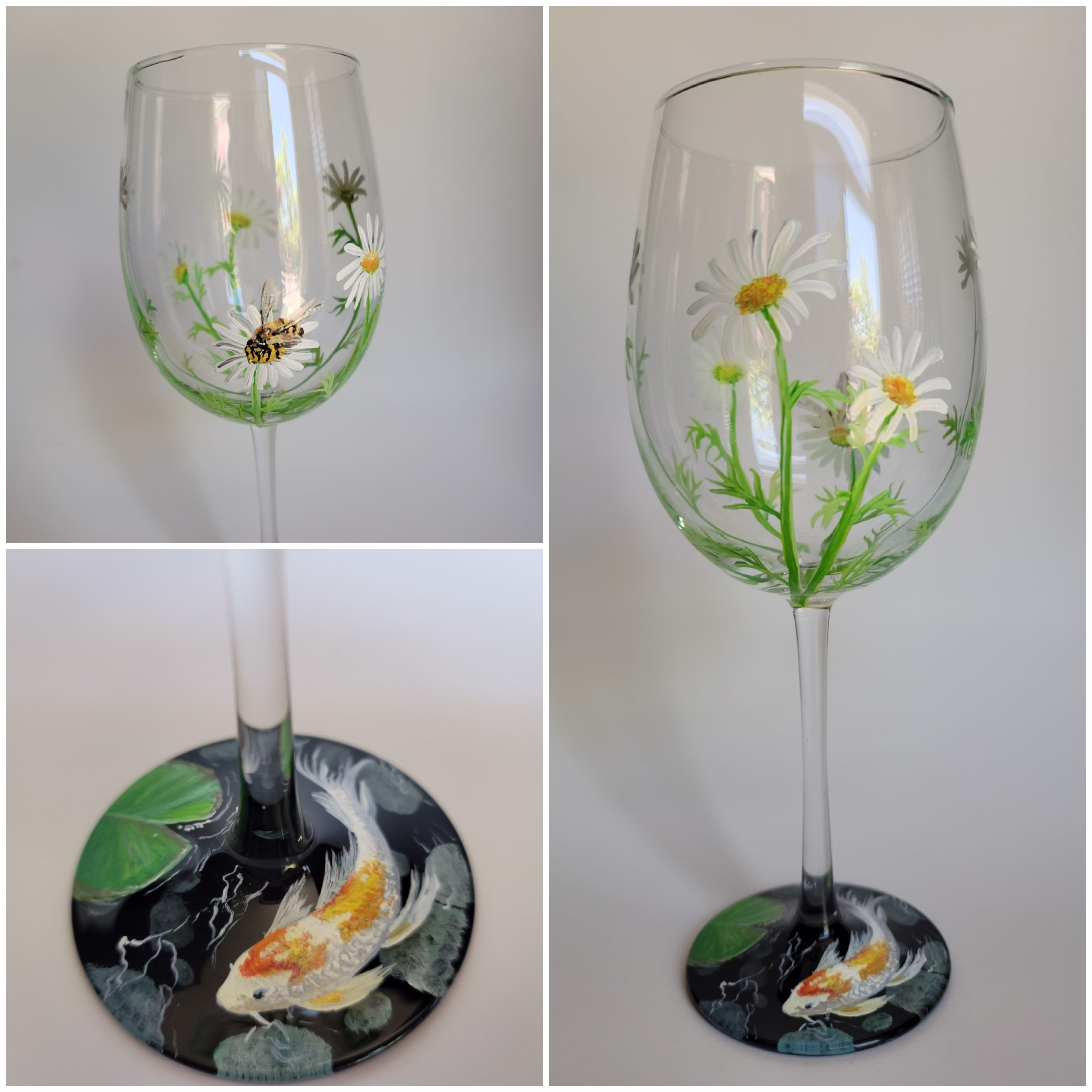 Hand Painted Koi & Bee On A Daisy Wine Glass/Unique Gift