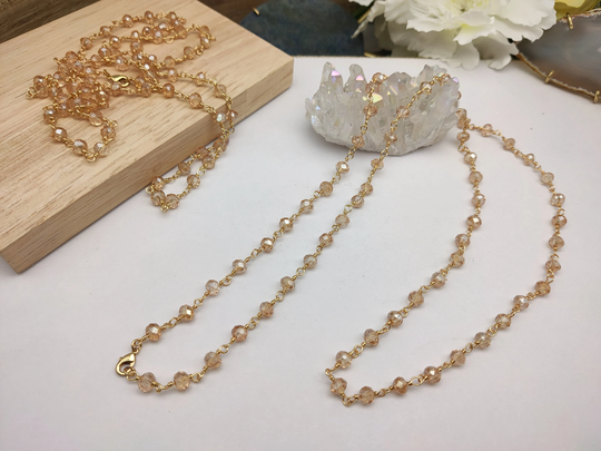 Gold Plated Brass Champagne Glass Quartz Necklace Rosary Chain Wire Wrapped Beaded You Choose Length