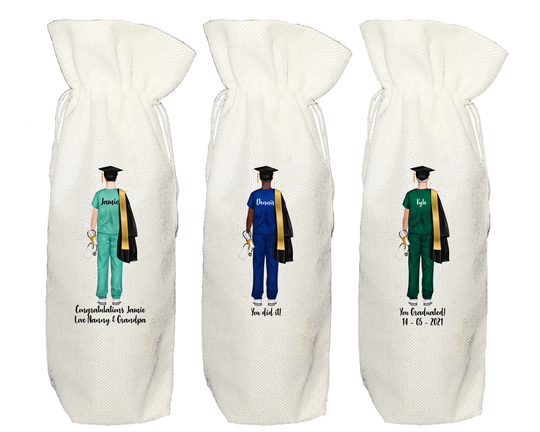 Personalised Graduation Male Nurse Wine Bottle Bag - Congratulations University College Degree Graduate Cap Gown Whisky Champagne