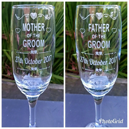 Mother & Father Of The Groom Engraved Champagne Flutes - Personalised With Date Wedding Day Handmade