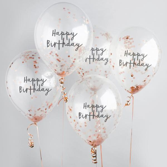 5 Rose Gold Happy Birthday Confetti Balloons, Party Decorations