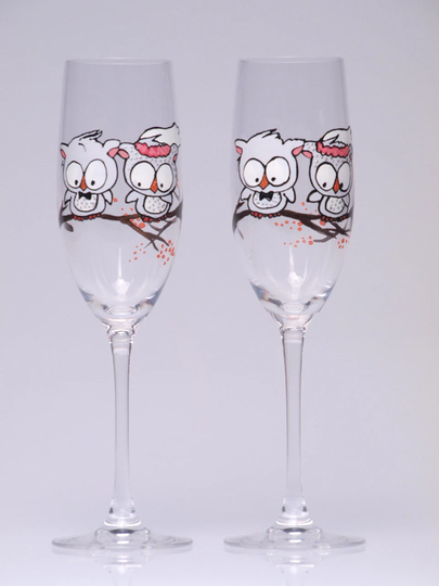 Hand Painted Wedding Toasting Flutes Set Of 2 Personalized Champagne Glasses Theme Owl On Branch