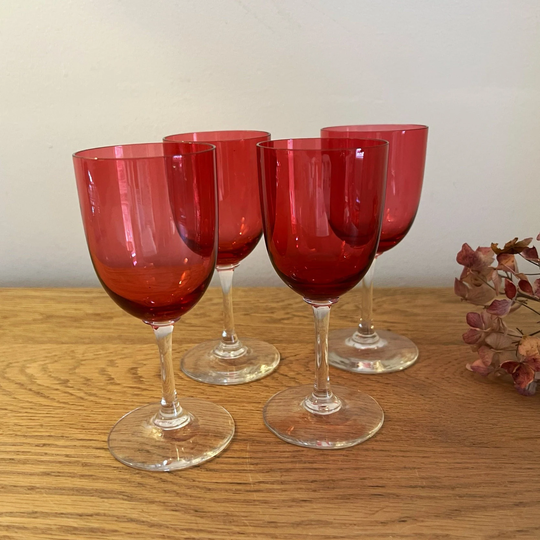 Set Of 4 Victorian Cranberry Wine Glasses, Vintage Dining, Drinkware