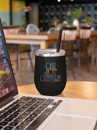 Tie Dye Oh Joy Begin Stemless Wine Tumbler, Insulated Cup, Gift For Fans