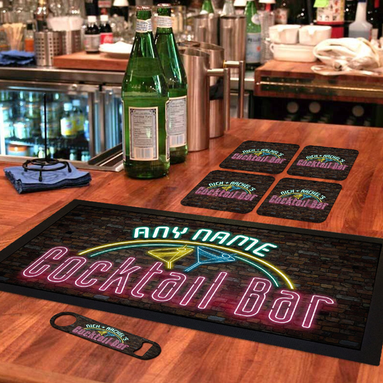 Personalised Neon Sign Bar Runner Mat, Matching Bottle Opener & 4 X Drinks Coasters Gift Set|Accessories For Home Bars|Nbrs-098|Add Any Name