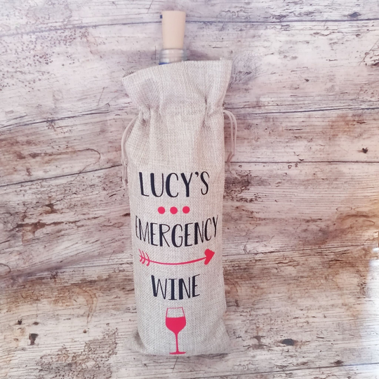 Personalised Emergency Wine - Burlap/ Jute Bottle Gift Bag Drawstring 3 Colours Available Friend Novelty