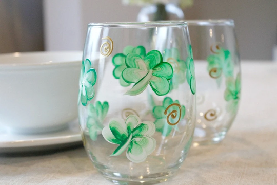 Shamrock Wine Glasses | Irish St. Patricks Day Decor Green Clover Set Of 2-15 Oz. Hand Painted