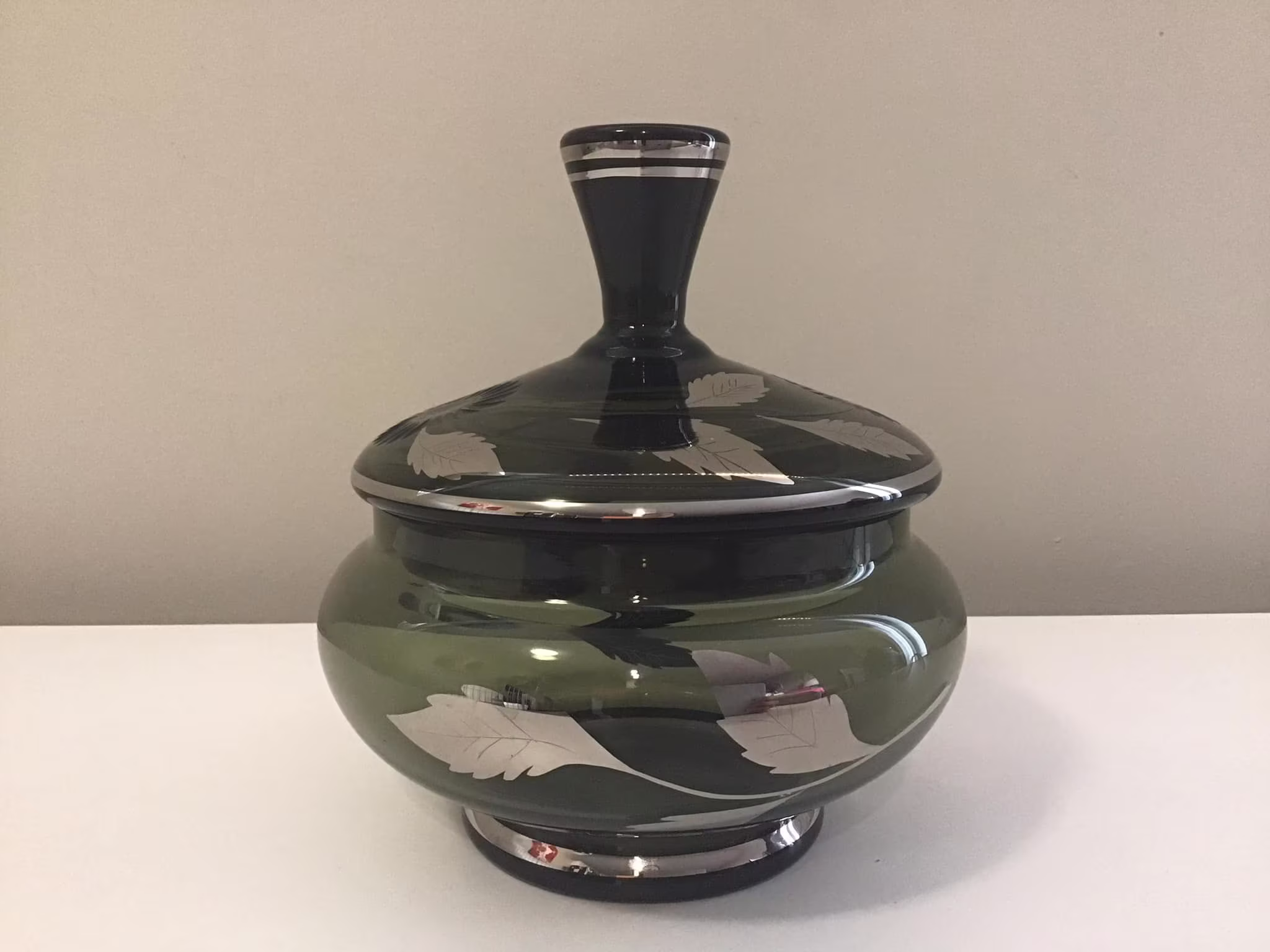 Vintage Smoked Gray Green With Silver Glass Bowl Lid Smoke Modern Mid Century 60S Smokey Glassware