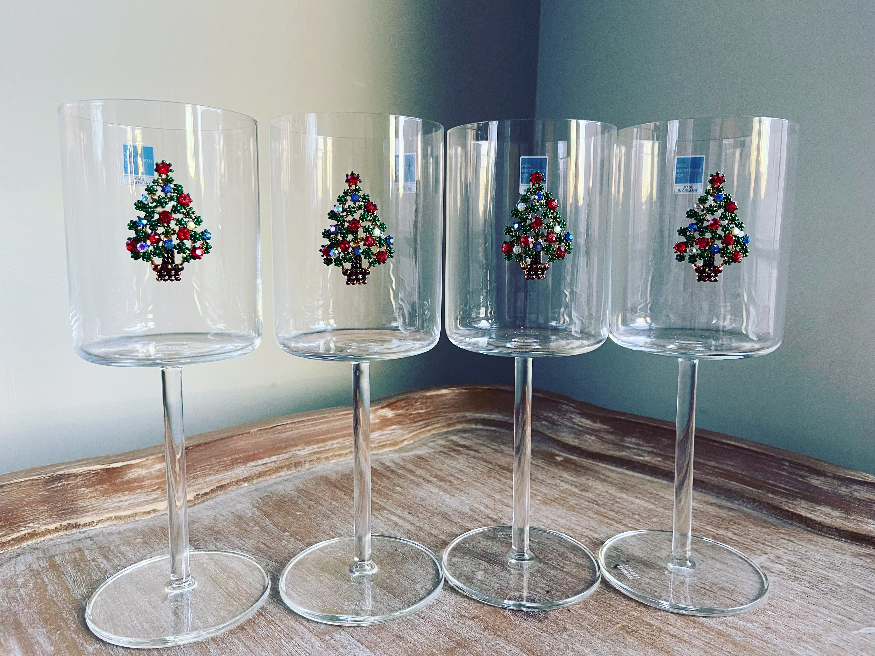 Set Of 4 Christmas Tree Red Wine Glasses, Theme Stemmed Glass Set, Rhinestone Glass, Xmas Gift Idea