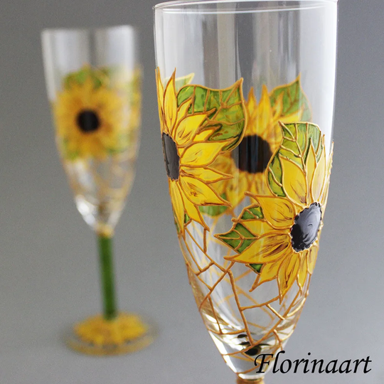 Sunflower Wedding Glasses, Rustic Champagne Themed Wedding , 2 Glasses