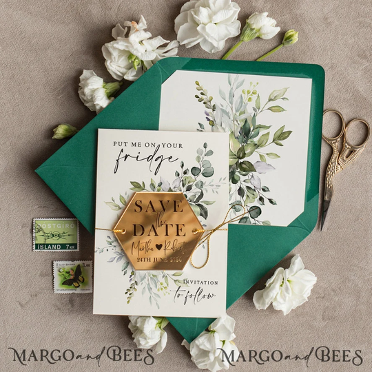 Gold Acrylic Hexagon Save The Date Magnet Card Presonalised Wedding Green Our Dates Plexi Magnets Boho The Cards