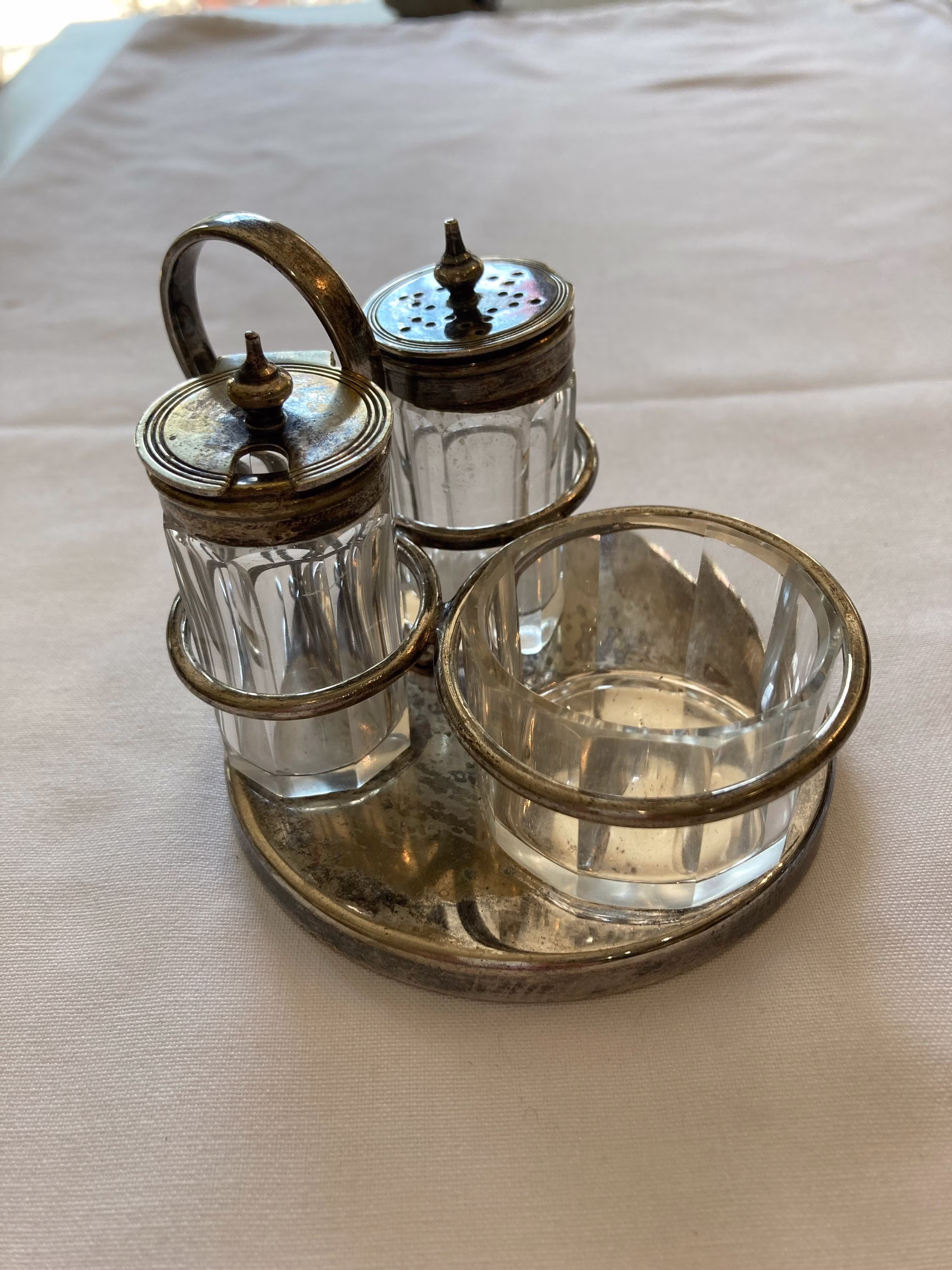 Vintage Cruet Set, 4 Pieces, One Glass Bowl, Pass With Shaker Top & Spoon | No Spoon Silver Caddy