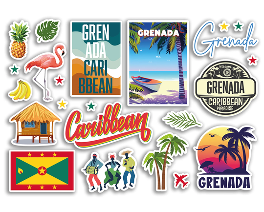 A5 Sticker Sheet Grenada Vinyl Stickers - Caribbean Tropical Summer Beach Landmarks Airport Stamps Flag Travel Holiday Scrapbook #79214