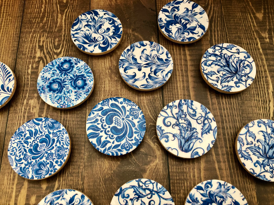 8 Blue & White Floral Magnet Set, Magnets, Refrigerator Party Favors
