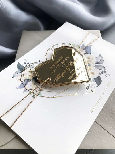 steel Blue Floral Save The Date With Magnet Plexi Mirror Acrylic Hexagon, The Cards, Wedding Invite, Gold Foil Boho Foliage