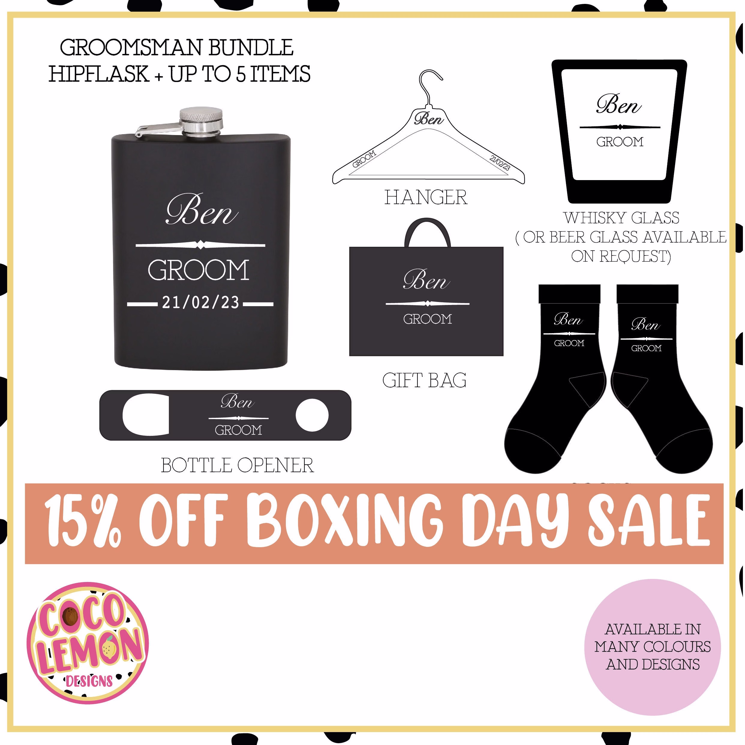Personalised Grooms Party Gift Bundle - Hip Flask & Up To 5 Items | Gift Bag, Bottle Opener, Whisky Or Beer Glass, Hanger & Socks