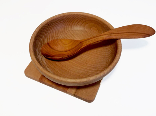 3 Piece Set Wooden Bowl & Table Coaster Spoon - Ideal Gift For A House Warming Party