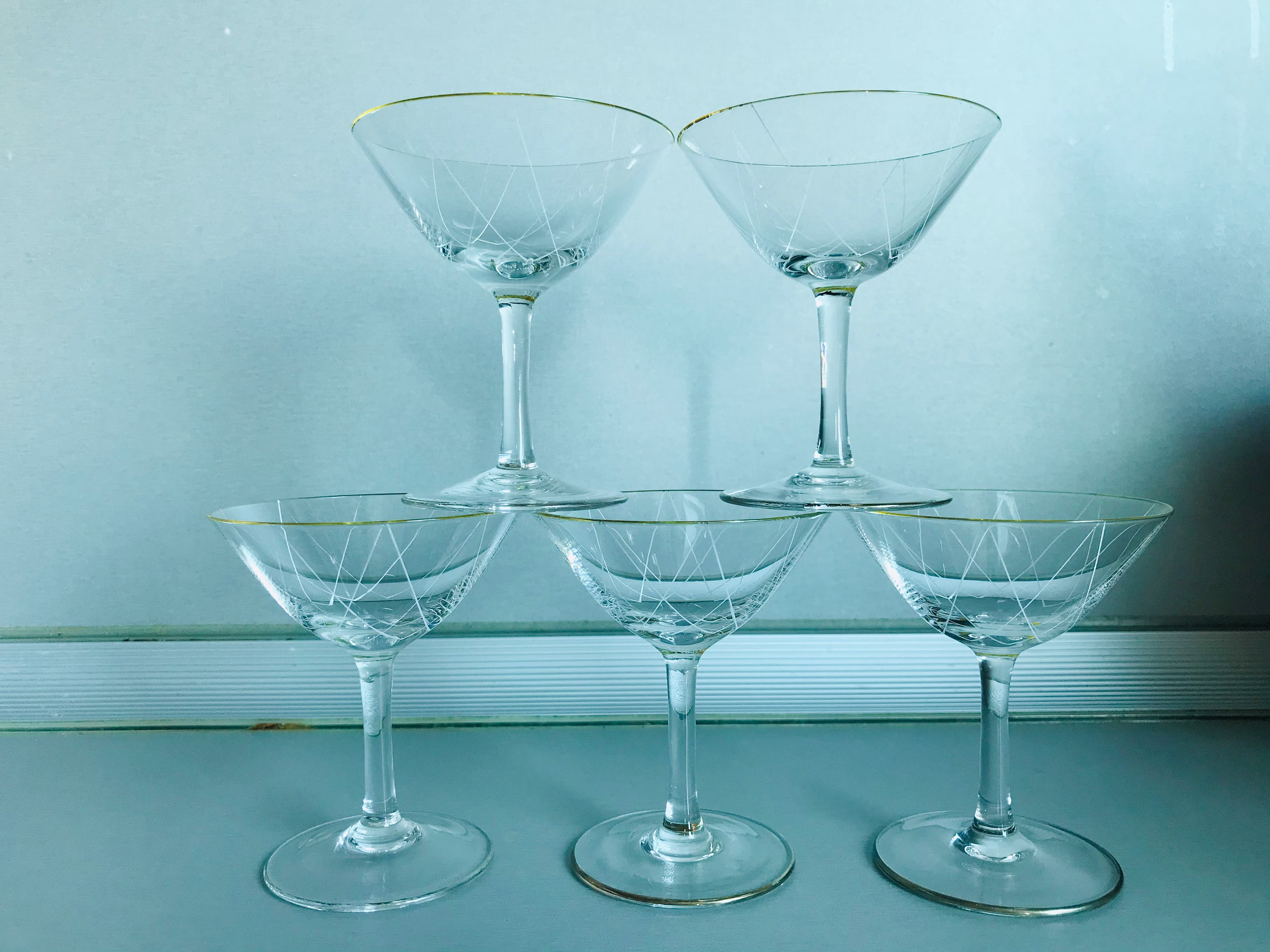 Vintage Set Of 5 Champagne Saucer - Champagne Coupe Glasses Gold Rimmed