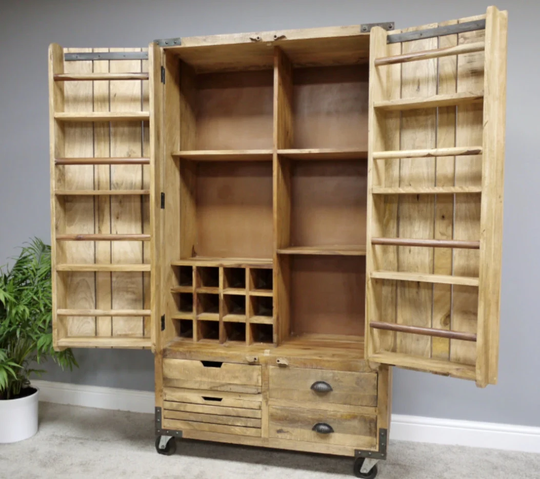 Tall Kitchen Pantry Rustic Solid Wood Larder Industrial Furniture Storage Large Retro Style Cabinet Shelving Cupboard Unit Wine Rack