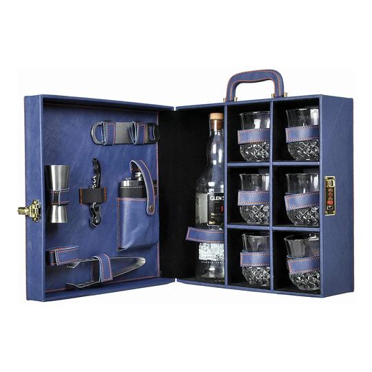 Blue Vegan Leather Large Premium Portable Bar Set With 6 Glasses Leatherette For Travel Gifts Men For Car Picnic