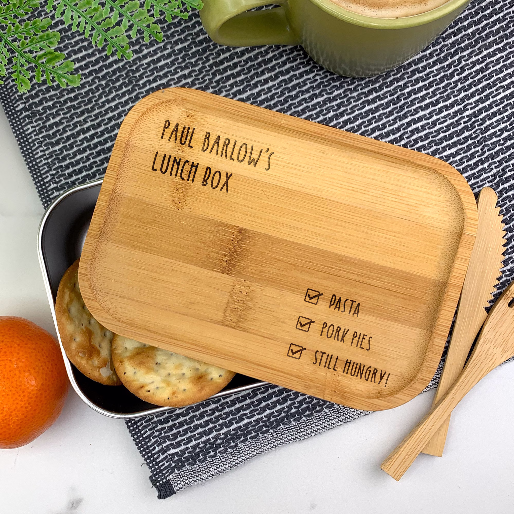 Personalised Metal Lunch Box Wooden Bamboo Eco Friendly Box, Laser Engraved Back To College School Work Kids Travel, Utencils