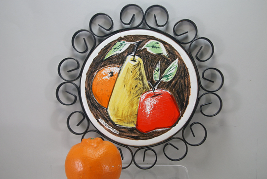 Mcm Fred Press Signed Trivet Fruit Ceramic Wrought Iron Vintage, Apple, Pear Orange Mid Century Modern