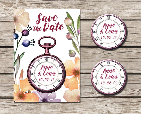 Pocket Watch Save The Date Magnets, Alice in Wonderland Cards, Personalised Floral Dates With Envelopes, Pretty