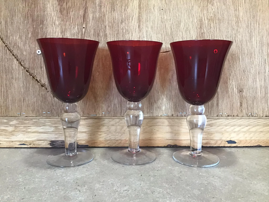 3 Vintage Wine Glasses, Ruby Red, Party Barware, Chubby Chic Decor, Gift Glass Goblet Lantern Vase