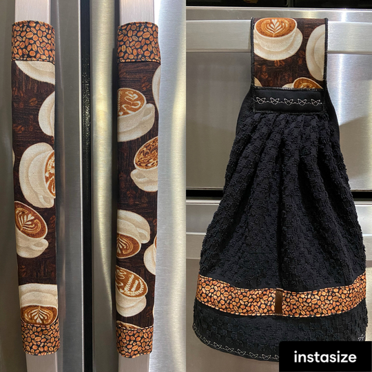 3 Piece Kitchen Decor Of Fridge Handle Covers, Dish-Mat & Hanging Towel Café Latte Theme