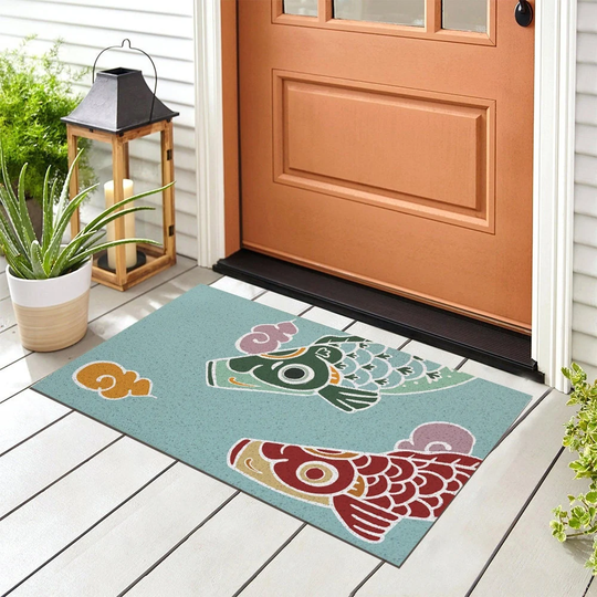 Cute Japanese Koi Entrance Door Mat, Cartoon Fish Flag Koinobori Doormat, PVC Plastic Mats Rug For Home House Warming