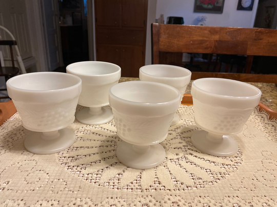 5 Vintage Milk Glass Champagne/Tall Sherbet Glasses With Grape Design By Anchor Hocking