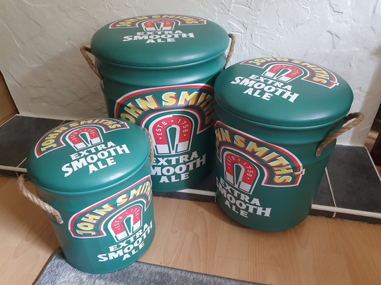 John Smiths Ale Retro Oil Drum Metal Storage Stools/Storage Hack/Garden/Patio/Mancave/Bar/Gift