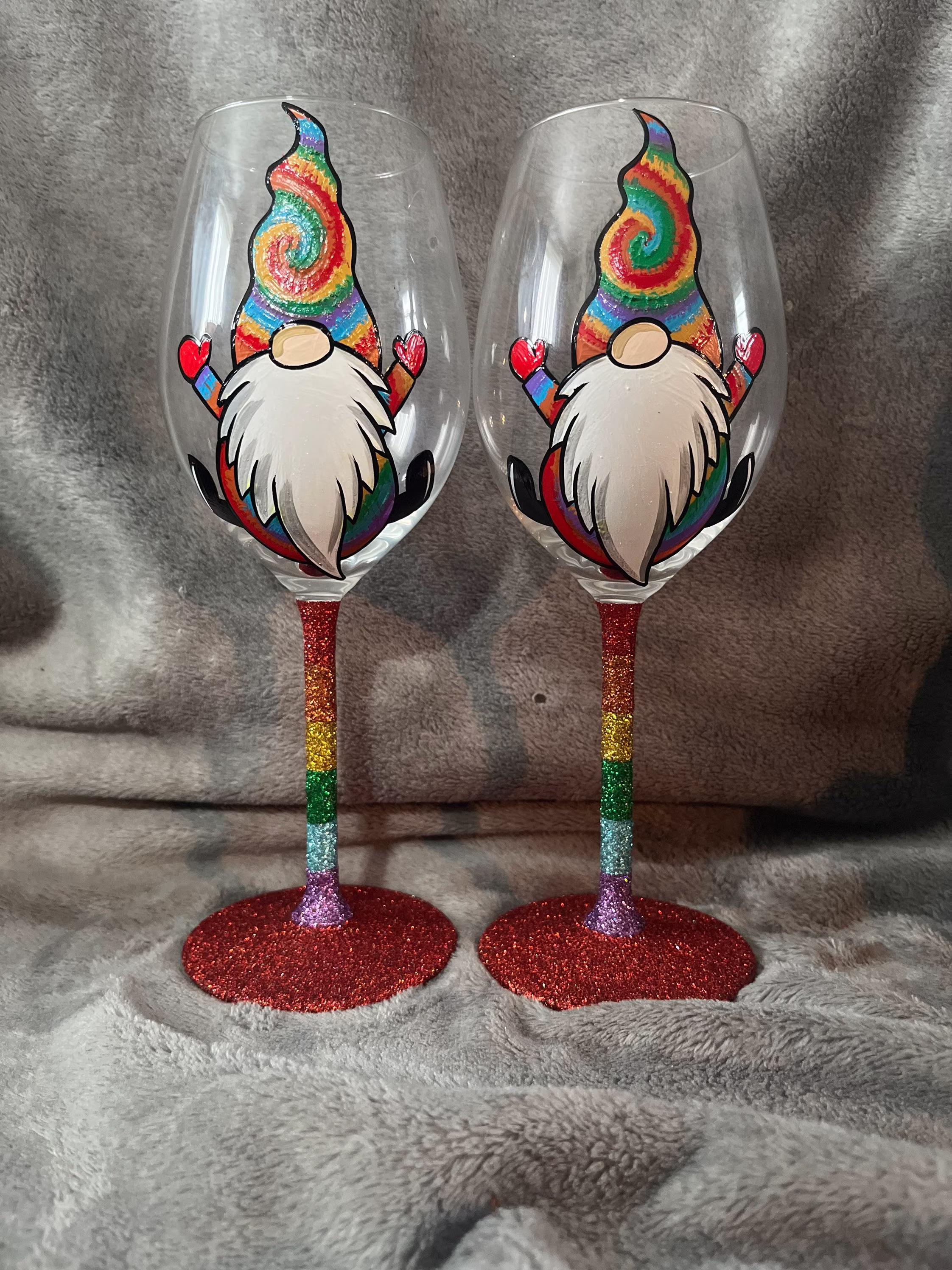 Rainbow Gonk Hand Painted Wine Glasses