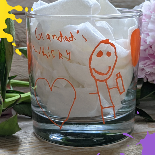 Christmas Gift For Grandad, Children's Drawing On Whisky Glass, Personalised Special Keepsake From Child