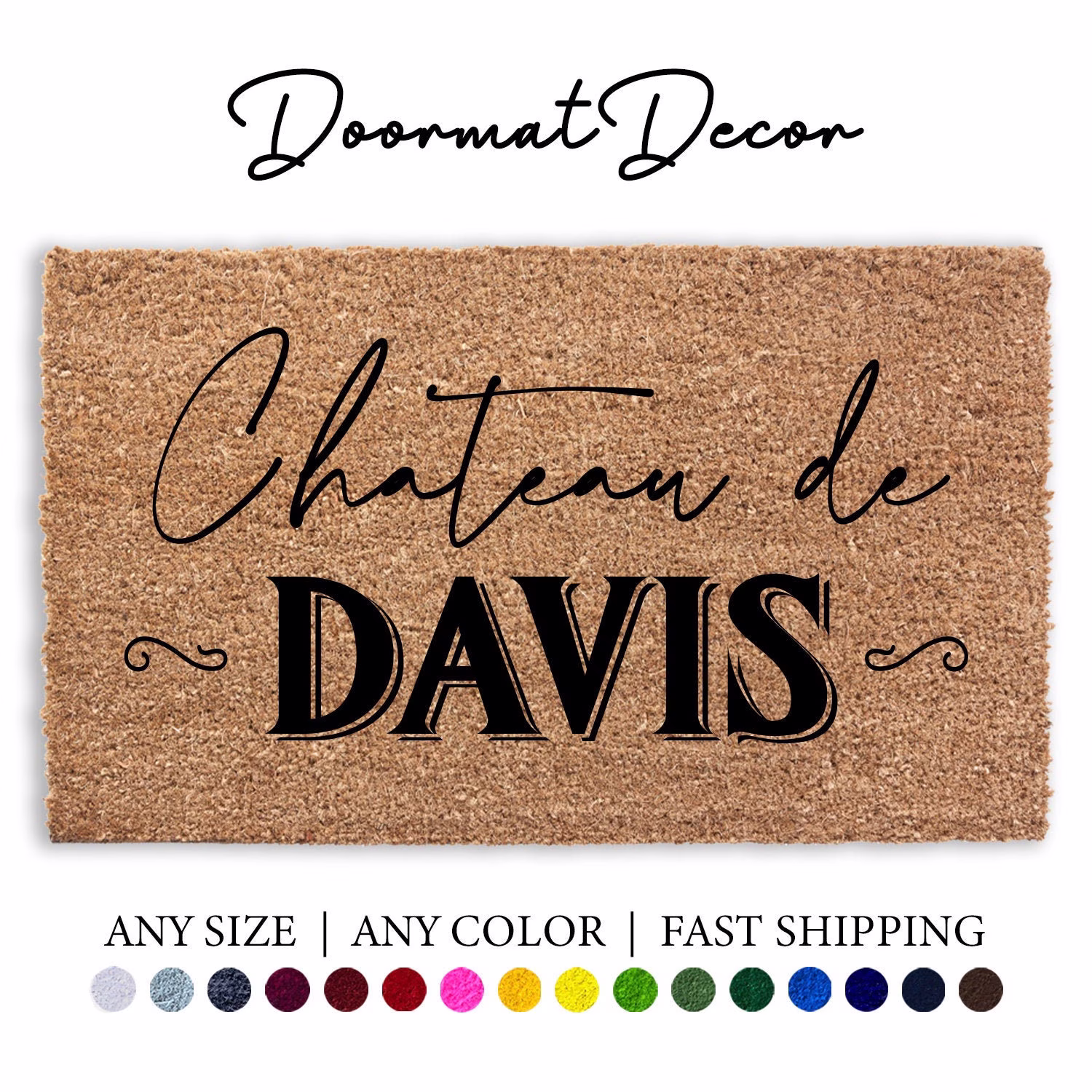 Personalized Name Chateau Doormat, Flocked Coir Door Mat, French Welcome Engagement Wedding Gift, Realtor Client Outdoor Rug