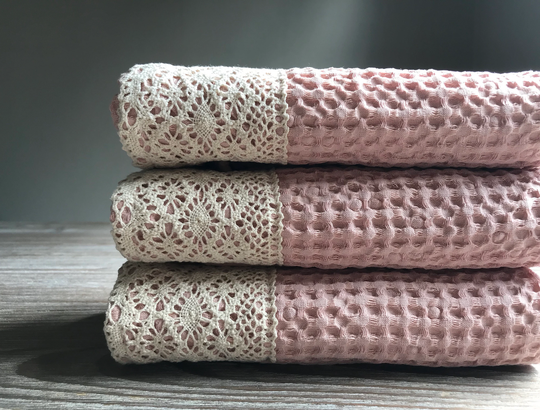 Waffle Weaves Hand Towel, Linen Cotton Towel With Lace, Sauna Spa Luxury, Natural Linen, Eco Friendly Sustainable, Country Farmhouse