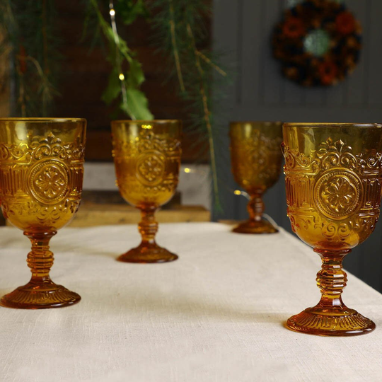 Set Of 6 Embossed Wine Goblets Vintage Style Mandala Print Glasses Dishwasher Safe Glassware