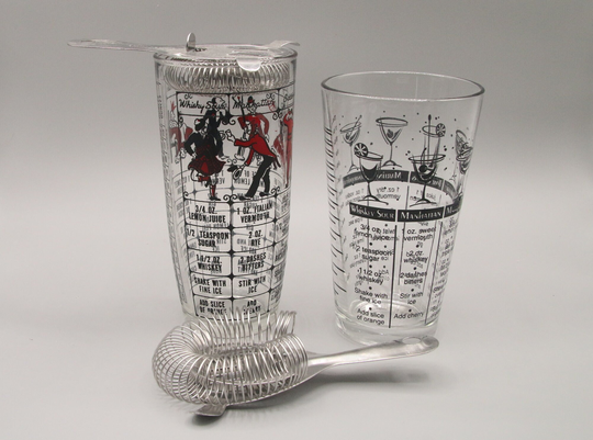 Vintage Cocktail Martini Shaker Glass Strainer Bar Keepers Recipes Mixology Margarita, Daiquiri, Whisky Sour, Tom Collins, Manhattan Barware