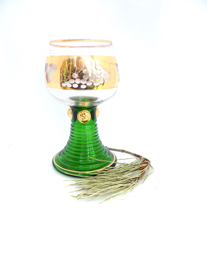 Vintage Oberammergau Crystal Green Glass Goblet, Roemer Gold Leaf, Mead Glasses, Glasses, Home Decor, Grape Decor