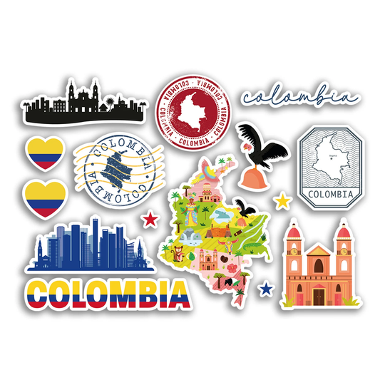 A5 Sticker Sheet Colombia Landmarks Vinyl Stickers - Colombian Map Airport Stamps Skyline Flag Travel Holiday Culture City Aesthetic #78481