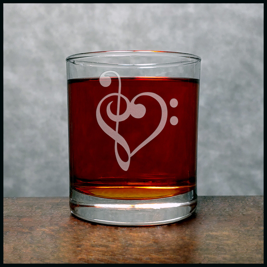 Music Heart Engraved 11.2Oz Whiskey Glass - Treble Heart, Bass Clef Free Personalization Deeply Etched Personalized Gift