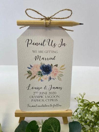 Save The Date, Greenery Wedding, Navy & Blush, Pencil Us in Wedding Date Tags, Pencil, Twine, Envelope, Fridge Magnet