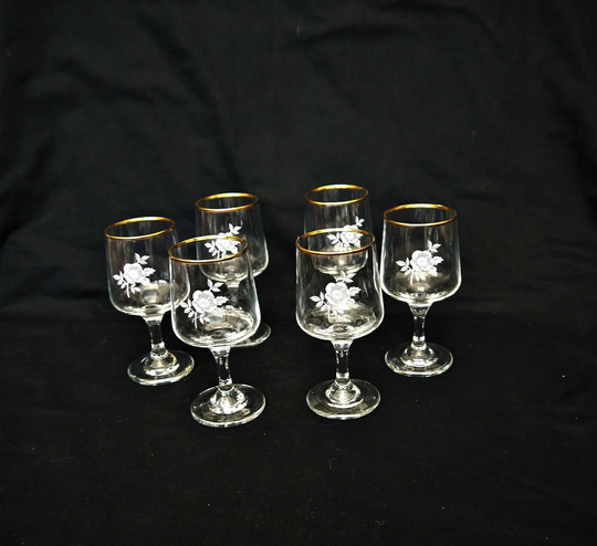 Vintage Set 6 X Glasses By Dema Wines Winne With A Floral Pattern Original Box Retro Golden Rim