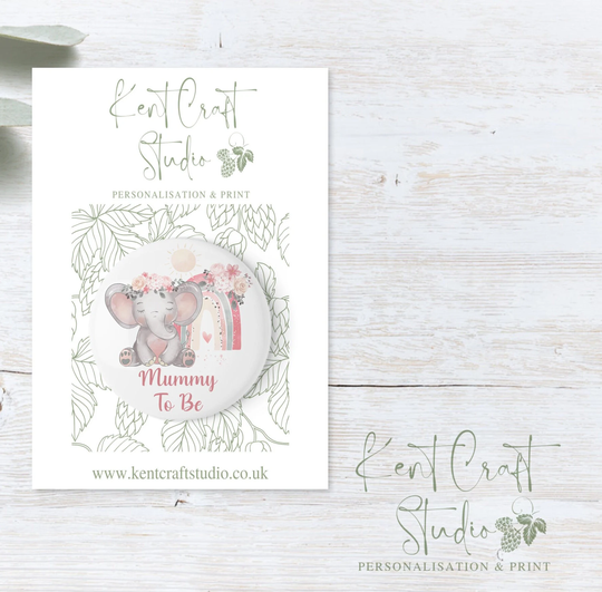 Personalised Baby Shower Elephant Rainbow Badge -Mummy To Be - Pink